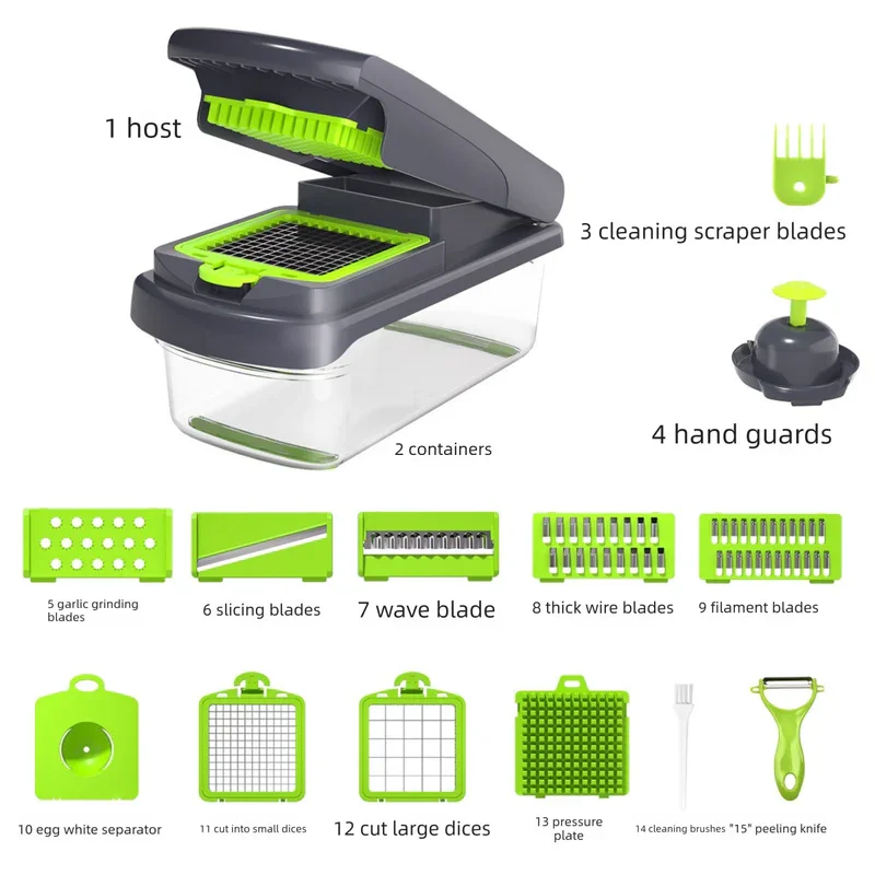 Green Multifunctional Vegetable Slicer – Manual Kitchen Cutter with Adjustable Blades for Slicing, Dicing, Shredding, Garlic Grinding, and Egg White Separation