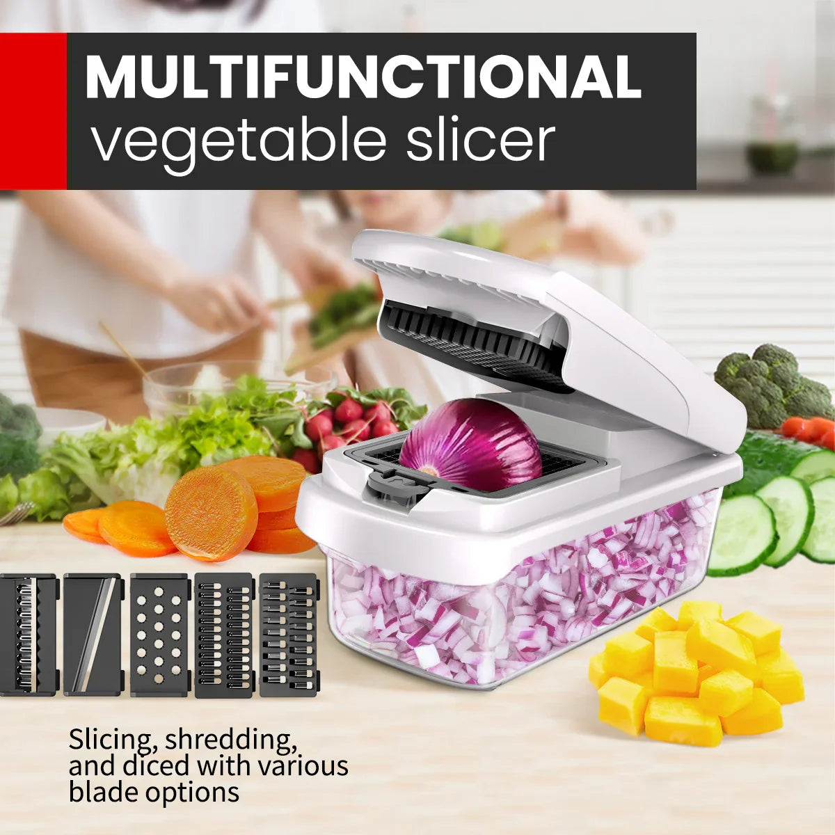 Green Multifunctional Vegetable Slicer – Manual Kitchen Cutter with Adjustable Blades for Slicing, Dicing, Shredding, Garlic Grinding, and Egg White Separation