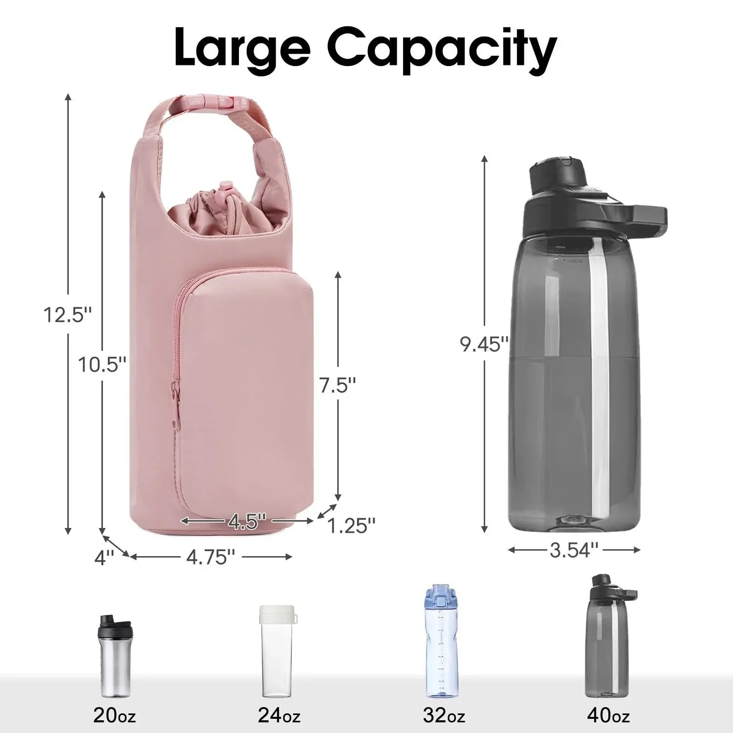 Green Insulated Water Bottle Carrier with Shoulder Strap – Portable Sleeve for Large Bottles, Featuring Front Pocket and Key Hook