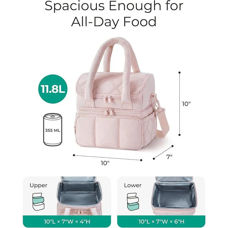 Beige Double-Layer Insulated Lunch Bag – Quilted Design with Top and Bottom Compartments, Shoulder Strap, and Smooth Two-Way Zippers
