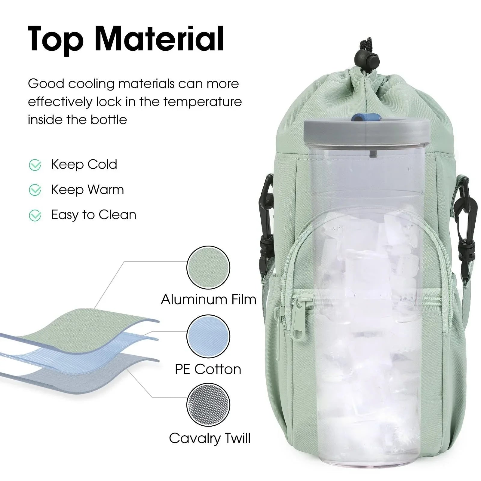 Black Water Bottle Carrier with Drawstring Closure – Adjustable Shoulder Strap, Front Pocket, and Side Storage for Daily Use