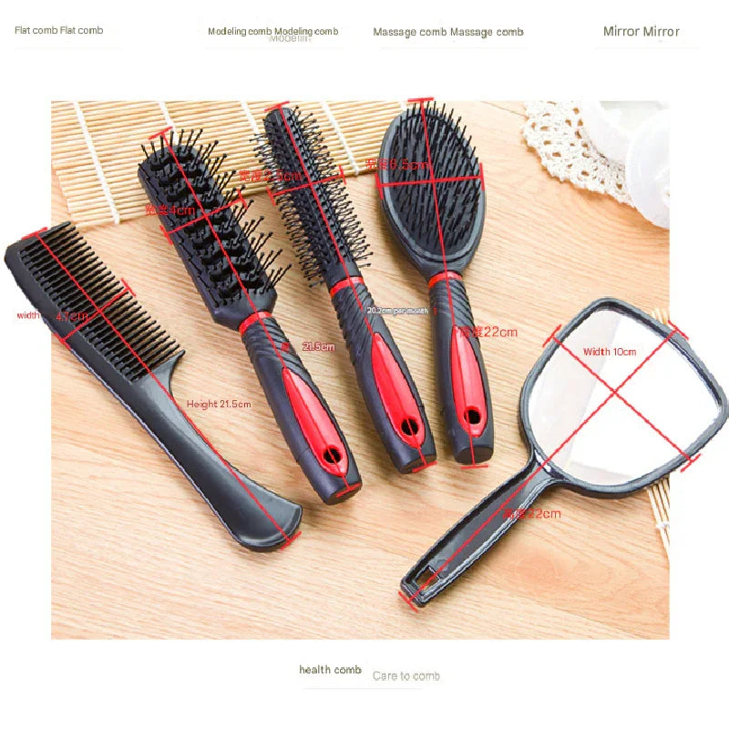 Pink 5-Piece Hair Care Set with Rotating Stand – Includes Flat Comb, Styling Brush, Massage Comb, Round Brush, and Handheld Mirror