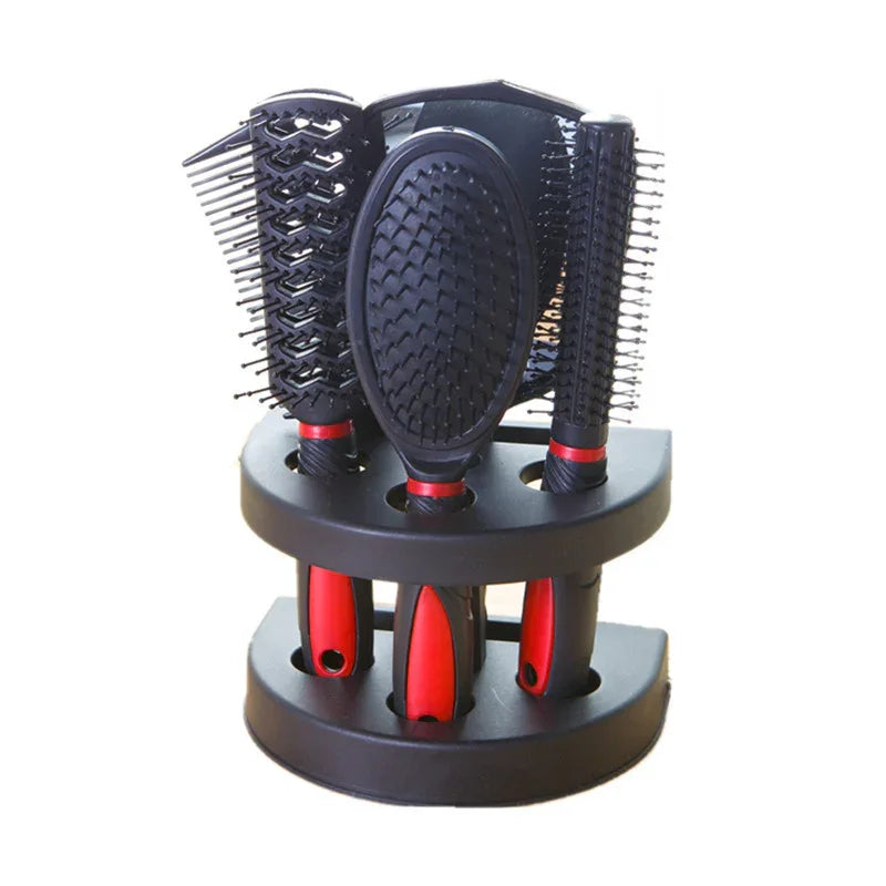 Red 5-Piece Hair Care Set with Rotating Stand – Includes Flat Comb, Styling Brush, Massage Comb, Round Brush, and Handheld Mirror