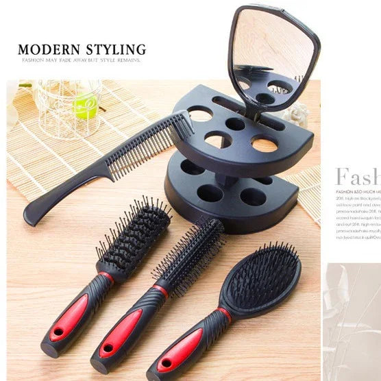 Blue 5-Piece Hair Care Set with Rotating Stand – Includes Flat Comb, Styling Brush, Massage Comb, Round Brush, and Handheld Mirror