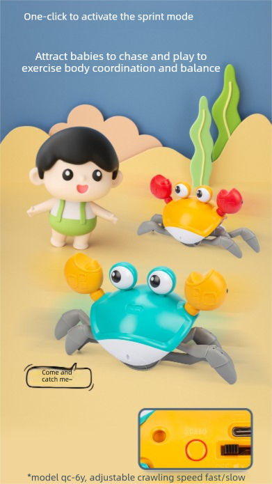 Electric Induction Crawling Crab Baby Toy Interactive Obstacle Avoidance Moving Pet with Music & Light USB Rechargeable Tummy Time Gift Sky Green