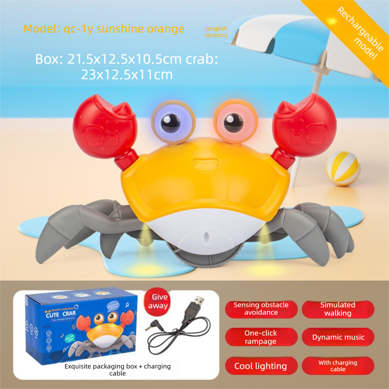 Electric Induction Crawling Crab Baby Toy Interactive Obstacle Avoidance Moving Pet with Music & Light USB Rechargeable Tummy Time Gift Sun Orange