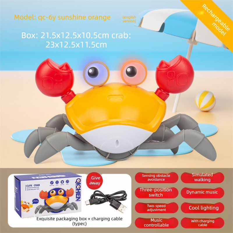Upgraded Induction Crawling Crab Baby Toy with Silent Mode & Speed Control USB-C Rechargeable Obstacle Avoidance Tummy Time Pet Sun Orange