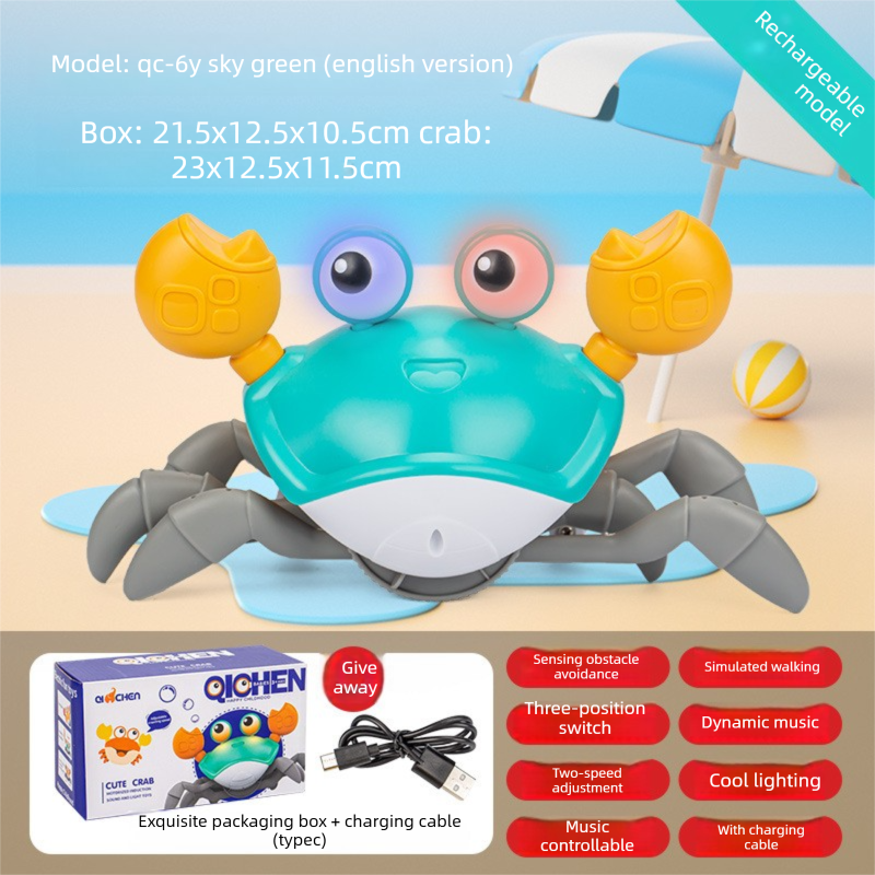 Electric Induction Crawling Crab Baby Toy Battery Operated with Silent Mode Music Off Switch Obstacle Avoidance Tummy Time Gift Sky Green