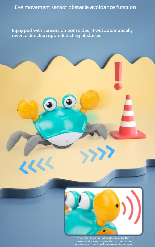 Electric Induction Crawling Crab Baby Toy Battery Operated with Silent Mode Music Off Switch Obstacle Avoidance Tummy Time Gift Sky Green