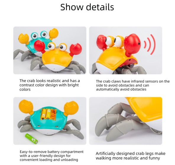 Electric Induction Crawling Crab Baby Toy Battery Operated with Silent Mode Music Off Switch Obstacle Avoidance Tummy Time Gift Sky Green