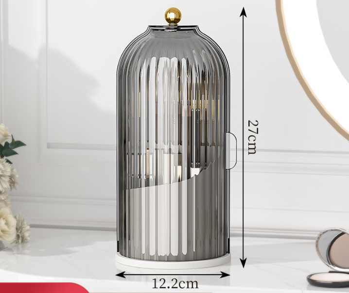 360 Degree Rotating Makeup Brush Organiser with Dustproof Lid Clear Cosmetic Storage Cylinder for Vanity Dressing Table Transparent Grey