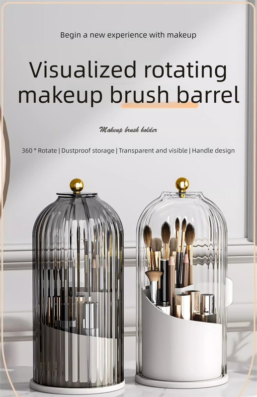 360 Degree Rotating Makeup Brush Organiser with Dustproof Lid Clear Cosmetic Storage Cylinder for Vanity Dressing Table Transparent Grey