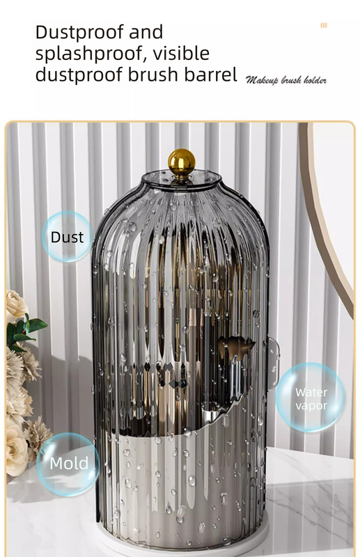360 Degree Rotating Makeup Brush Organiser with Dustproof Lid Clear Cosmetic Storage Cylinder for Vanity Dressing Table Transparent Grey