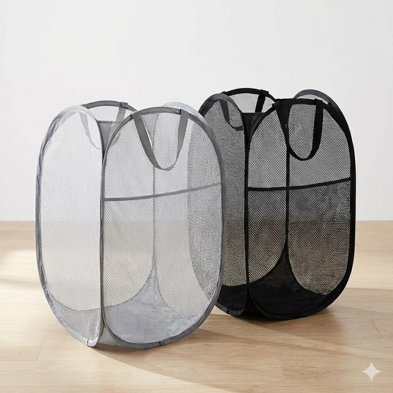 2 PCS Mesh Pop Up Laundry Hamper Collapsible Washing Basket with Side Pocket & Reinforced Handles Portable Dirty Clothes Bin for Dorm Travel & Toy Storage (Black & Grey)