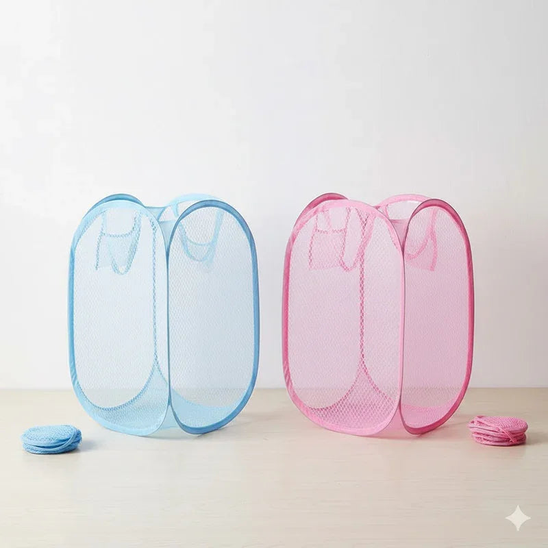 2 PCS Mesh Pop Up Laundry Hamper Collapsible Washing Basket with Side Pocket & Reinforced Handles Portable Dirty Clothes Bin for Dorm Travel & Toy Storage (Sky Blue & Pink)