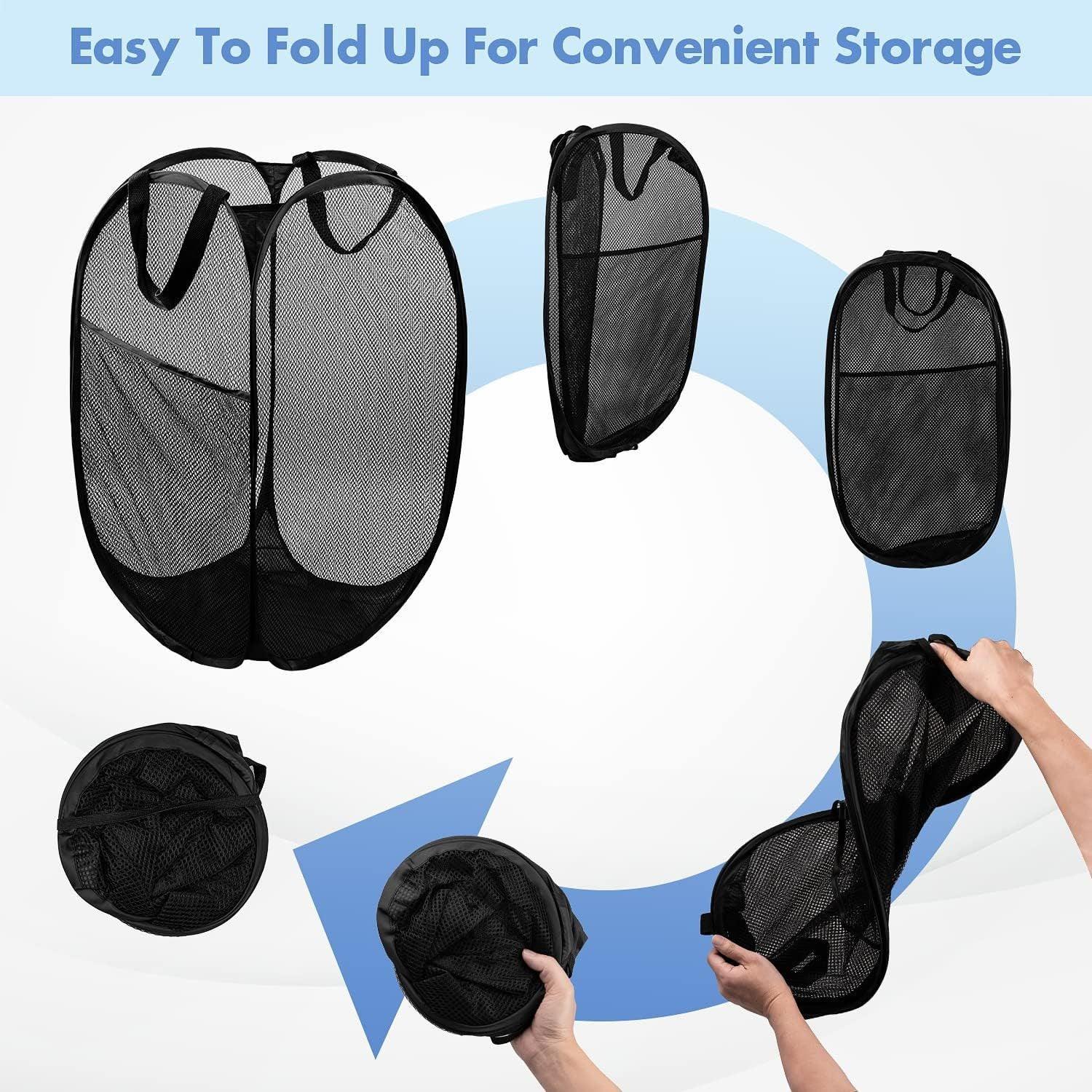 2 PCS Mesh Pop Up Laundry Hamper Collapsible Washing Basket with Side Pocket & Reinforced Handles Portable Dirty Clothes Bin for Dorm Travel & Toy Storage (Dark Blue & Orange)