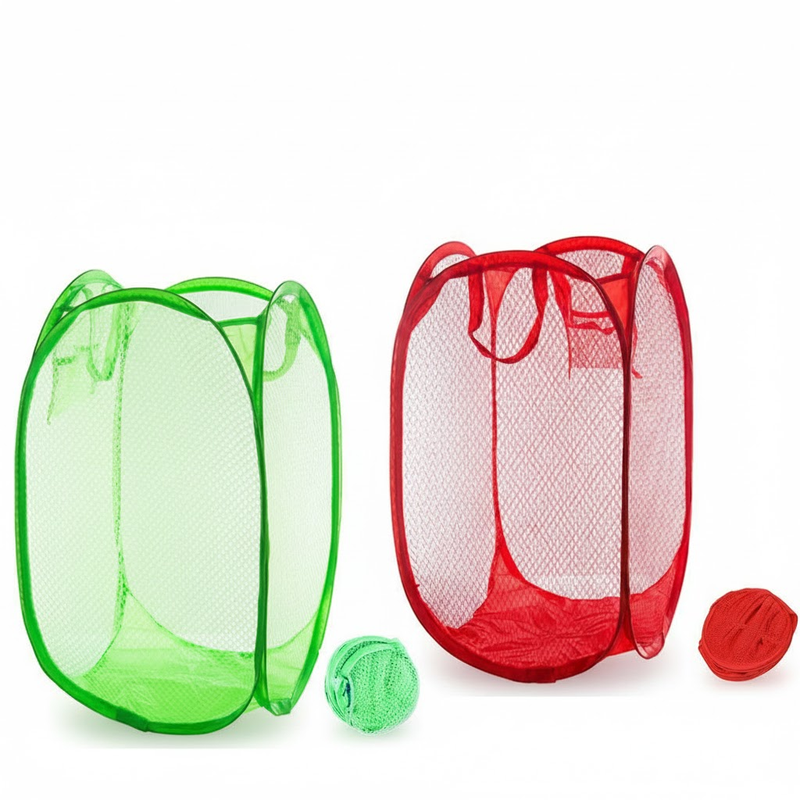 2 PCS Mesh Pop Up Laundry Hamper Collapsible Washing Basket with Side Pocket & Reinforced Handles Portable Dirty Clothes Bin for Dorm Travel & Toy Storage (Green & Red)
