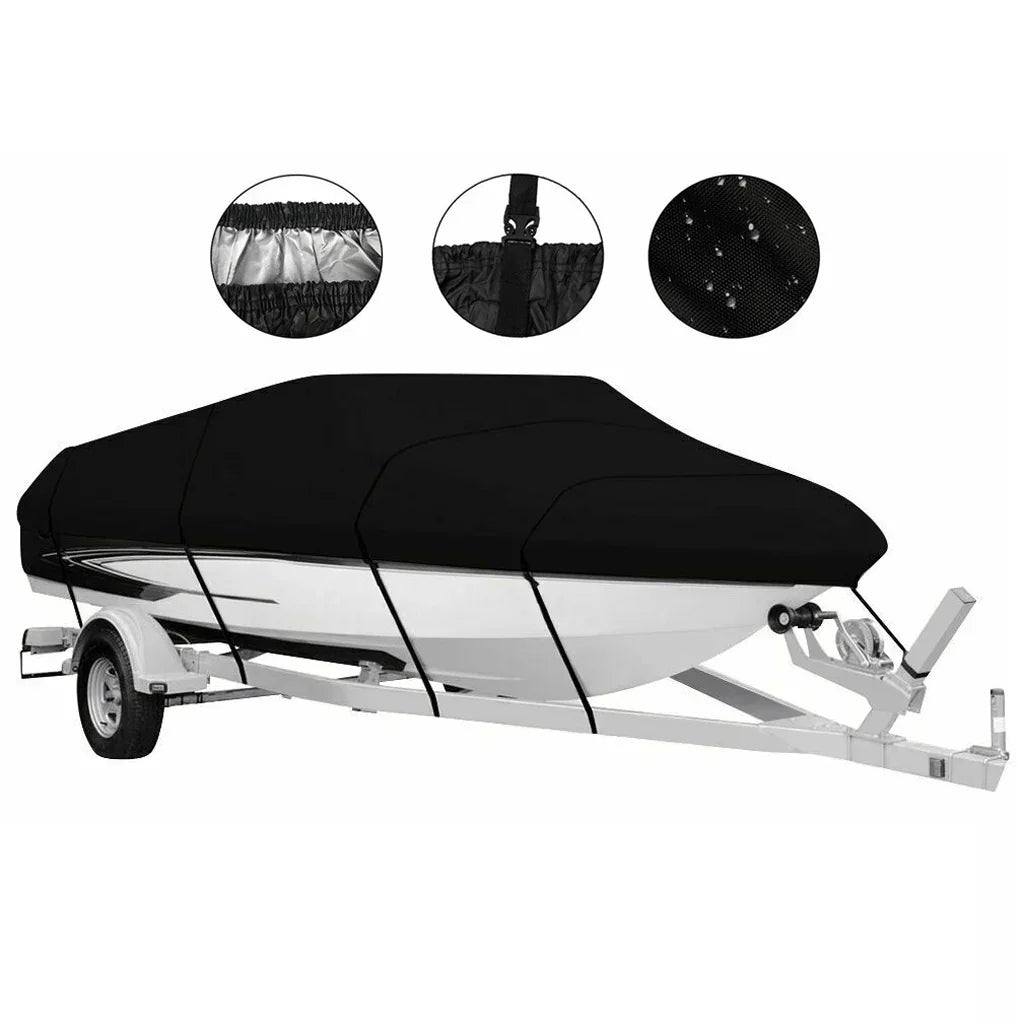 14-16ft Waterproof Boat Cover Trailerable V-Hull Runabout UV Resistant Marine Grade Storage Tarp with Straps (Black, 530cm x 290cm)