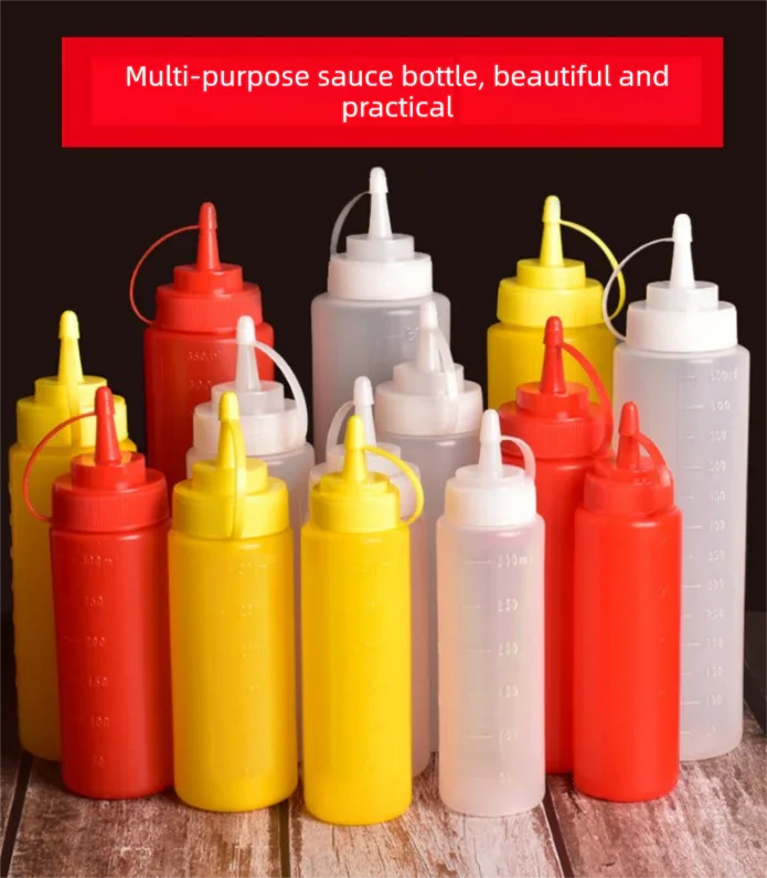 3 PCS Squeeze Sauce Bottles 300ml Plastic Condiment Dispensers for Kitchen BBQ & Cafe Refillable Ketchup Mustard Containers White&Red&Yellow