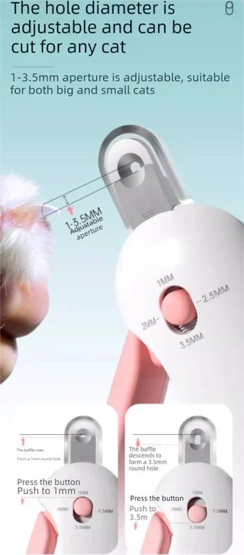 Adjustable Cat Nail Clippers Safety Round Hole Trimmer 1mm-3.5mm Anti-Splash Grooming Tool with File for Kittens & Rabbits Pink