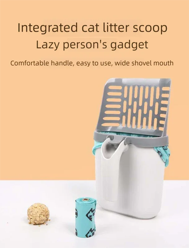 2-in-1 Cat Litter Scoop with Integrated Waste Bin Detachable Sifter Shovel Anti-Reflux Baffle Large Capacity Grey (Bags Not Included)