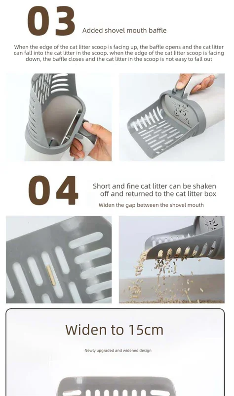 2-in-1 Cat Litter Scoop with Integrated Waste Bin & 4 Rolls Refill Bags Detachable Sifter Shovel Anti-Reflux Baffle Grey