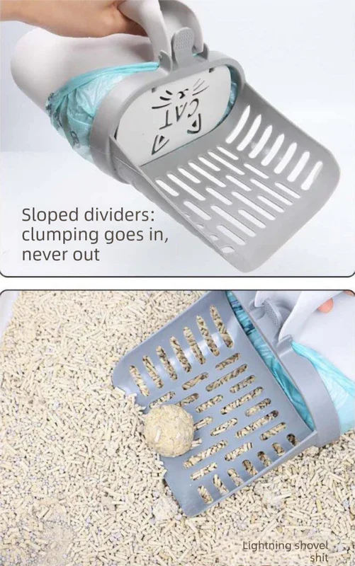 2-in-1 Cat Litter Scoop with Integrated Waste Bin & 4 Rolls Refill Bags Detachable Sifter Shovel Anti-Reflux Baffle Grey