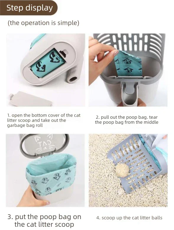 2-in-1 Cat Litter Scoop with Integrated Waste Bin & 4 Rolls Refill Bags Detachable Sifter Shovel Anti-Reflux Baffle Grey