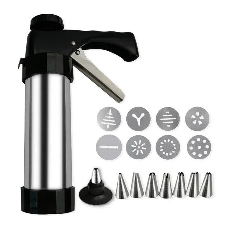 Stainless Steel Cookie Press Gun Kit Biscuit Maker & Icing Decorator Set with 8 Discs 8 Nozzles Heavy Duty DIY Baking Tool for Cakes