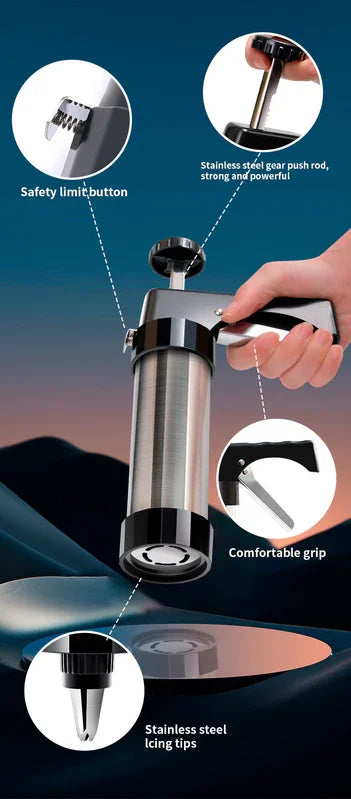 Stainless Steel Cookie Press Gun Kit Biscuit Maker & Icing Decorator Set with 8 Discs 8 Nozzles Heavy Duty DIY Baking Tool for Cakes