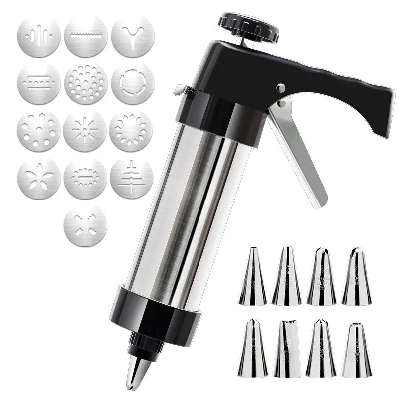 Stainless Steel Cookie Press Maker Kit with 13 Disc Molds and 8 Icing Tips Black Manual Biscuit Machine Set