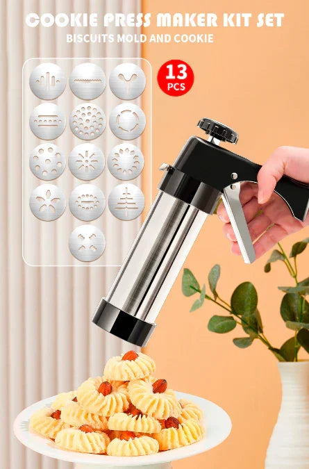 Stainless Steel Cookie Press Maker Kit with 13 Disc Molds and 8 Icing Tips Red Manual Biscuit Machine Set