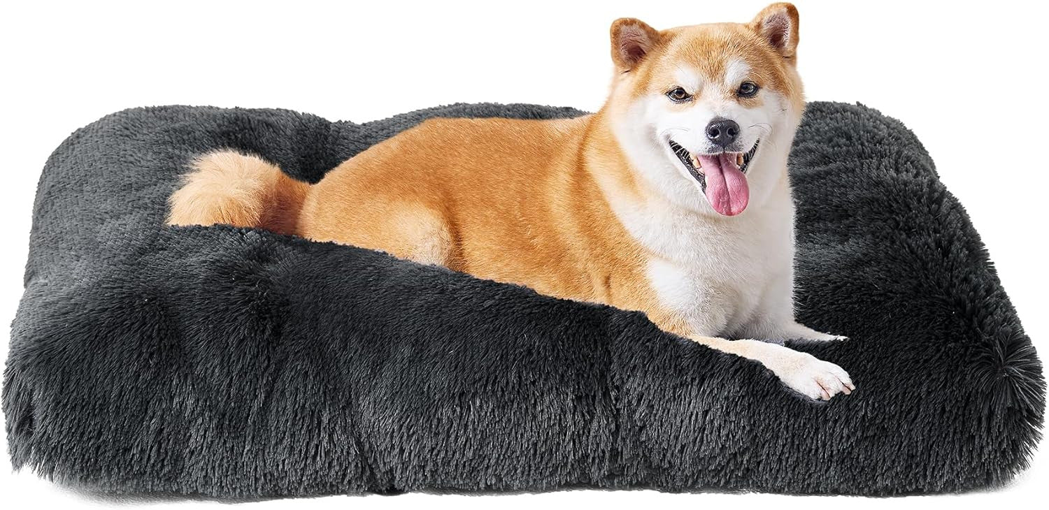 Luxury Long Plush Pet Bed Mat Faux Fur Crate Pad 55x40cm Dark Grey Soft Warm Cushion for Dogs & Cats