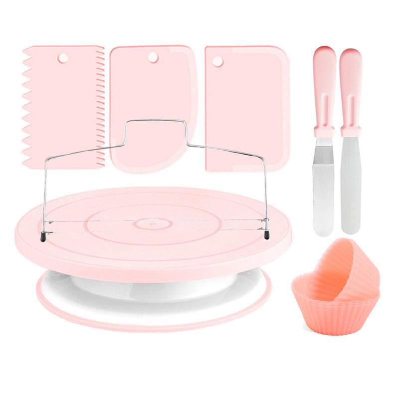 12pcs Cake Decorating Turntable Kit Non-Slip Rotating Stand with Spatulas and Leveler Baking Tools for Home Kitchen DIY Nordic Pink