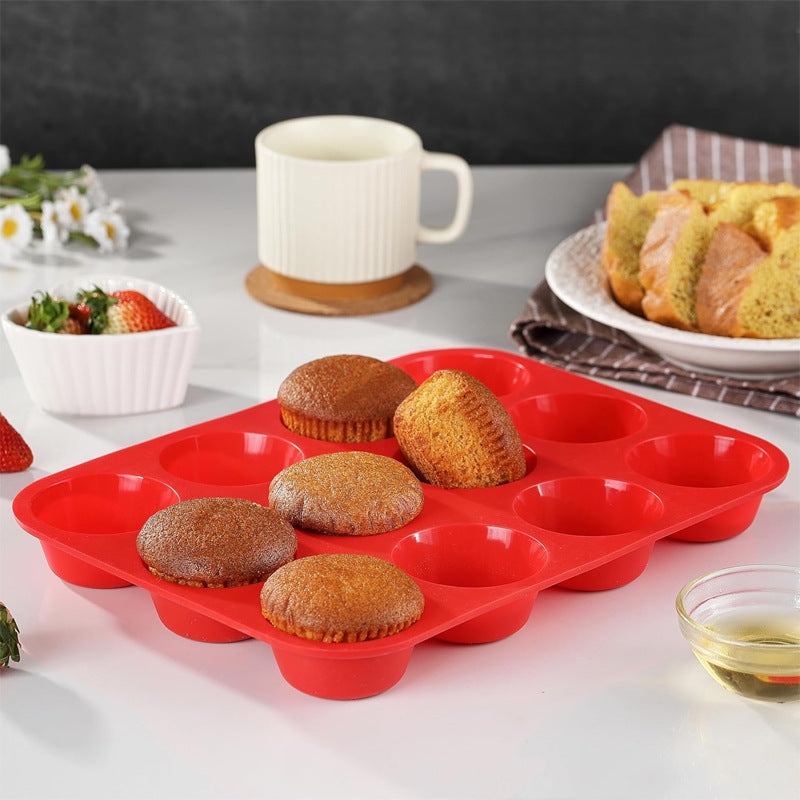 2PCS Red Food Grade Silicone Cake Mould 12 Cup Round Cupcake Pan Easy Release Non Stick Baking Trays