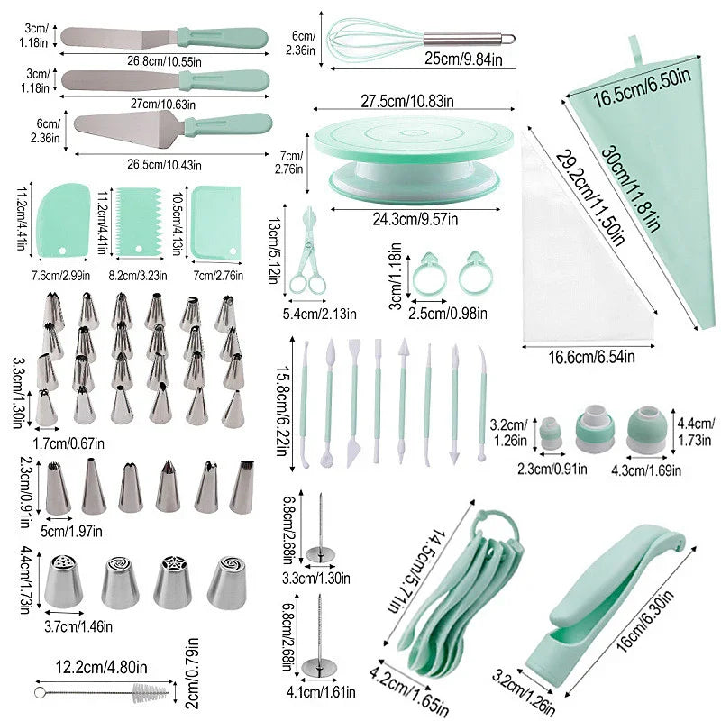 207 Pieces Cake Decorating Kit with Nordic Green Revolving Turntable Icing Tips and Spatulas Complete Baking Tool Set