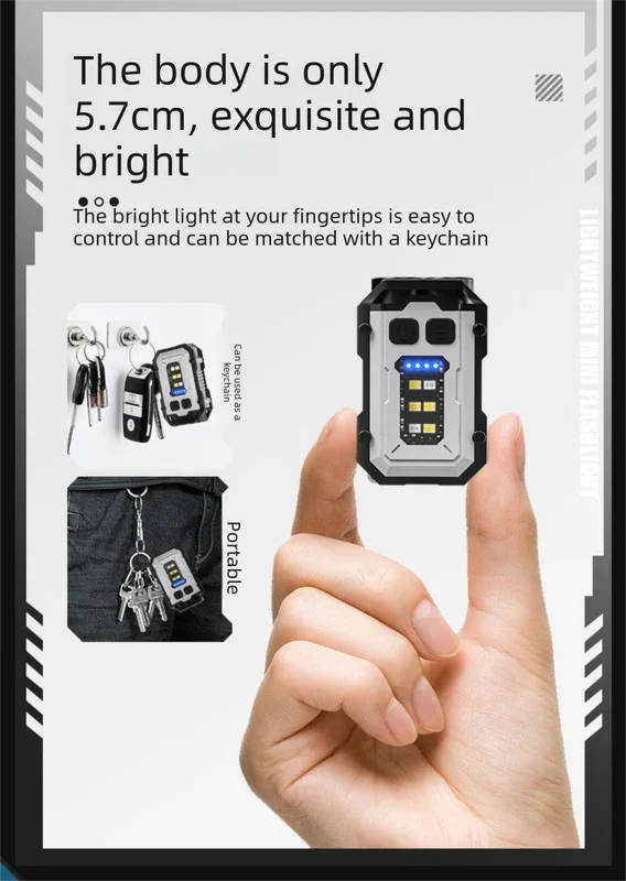 Mini EDC Keychain Flashlight Dual LED Super Bright 750mAh Type-C Rechargeable Magnetic Torch Work Light Black