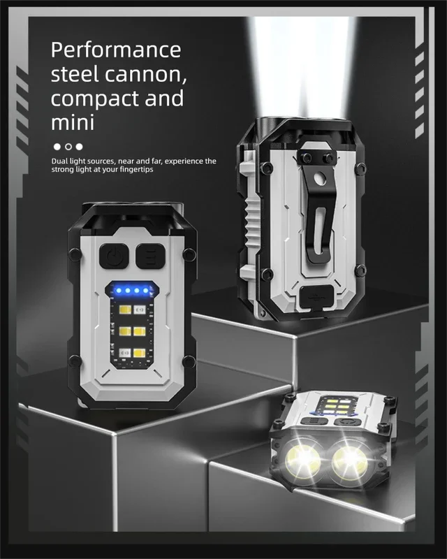 Mini EDC Keychain Flashlight Dual LED Super Bright 750mAh Type-C Rechargeable Magnetic Torch Work Light Black