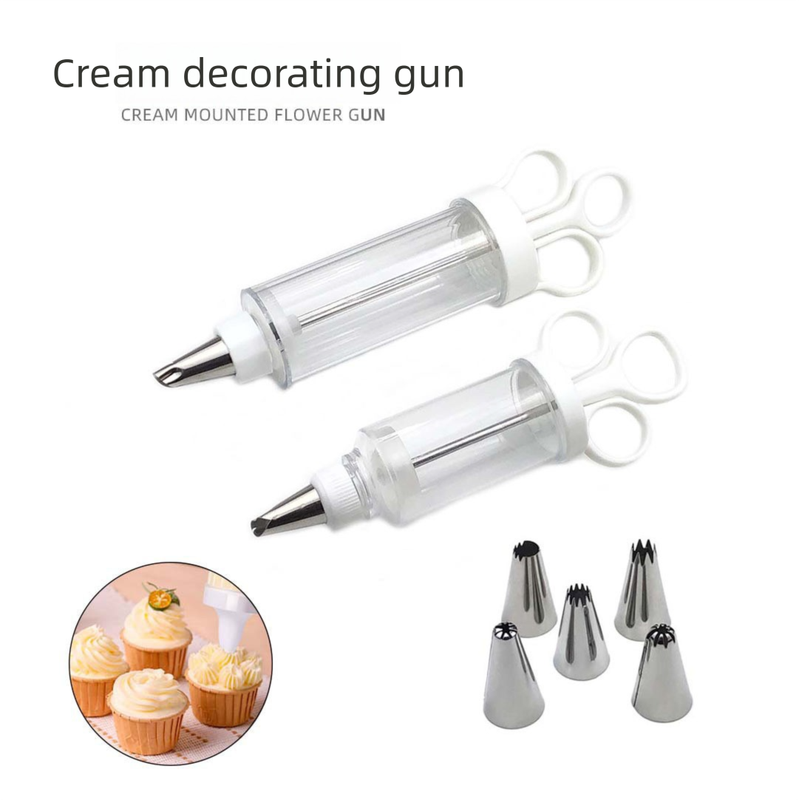 Cake Decorating Icing Syringe Gun Set with 5 Stainless Steel Nozzles DIY Cookie Press Baking Tool for Home Kitchen