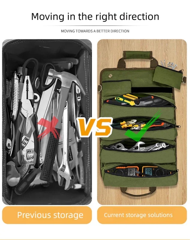 Heavy Duty Tool Roll Up Bag Organiser Multi-Pocket Canvas Carry Pouch for Electrician DIY Mechanic & 4WD Camping Green
