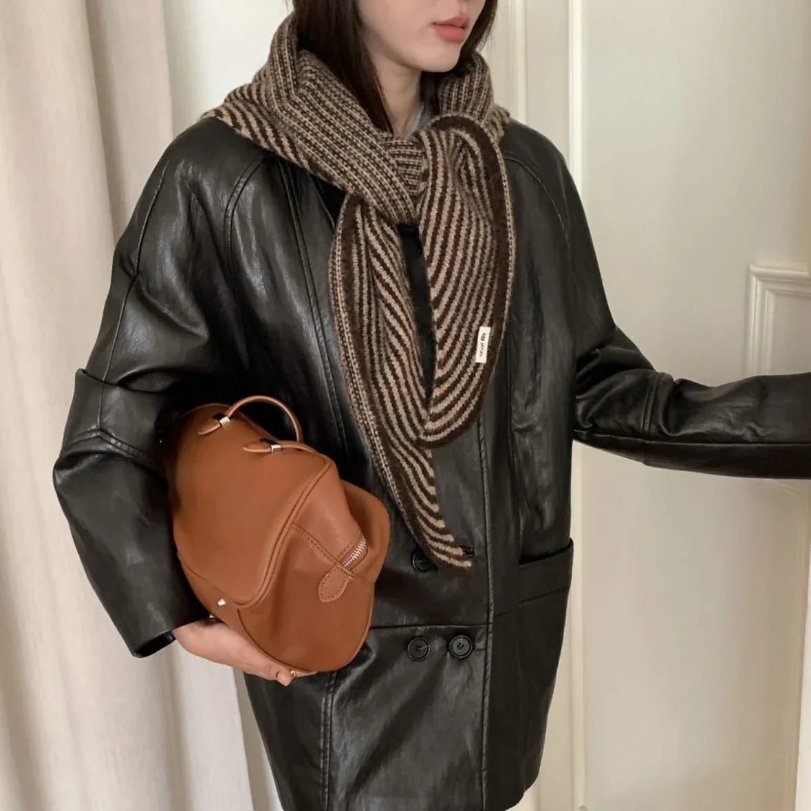 Coffee Striped Wool Blend Knitted Triangle Scarf - Soft Warm Shawl Neck Wrap for Women - Chic Autumn Layering Accessory - Brown