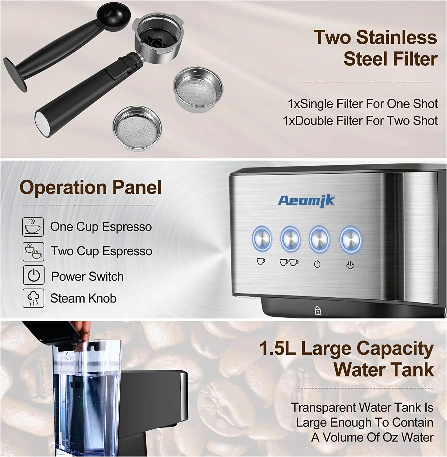 Premium Espresso Coffee Machine with Touch Control Panel & Steam Milk Frother 1050W Stainless Steel CM3010 (AU Plug)
