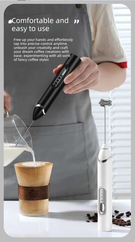 Rechargeable Electric Milk Frother Handheld - 3 Speed Adjustable Foam Maker with 2 Stainless Steel Whisks - Portable Coffee Mixer & Egg Beater for Flat Whites, Lattes & Baking (Black)