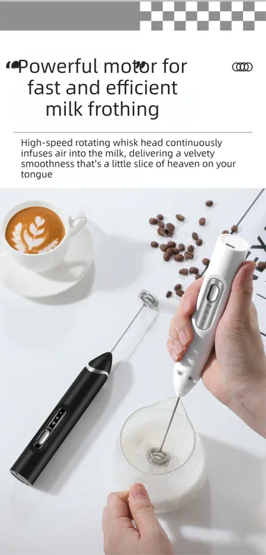 Rechargeable Electric Milk Frother Handheld - 3 Speed Adjustable Foam Maker with 2 Stainless Steel Whisks - Portable Coffee Mixer & Egg Beater for Flat Whites, Lattes & Baking (White)