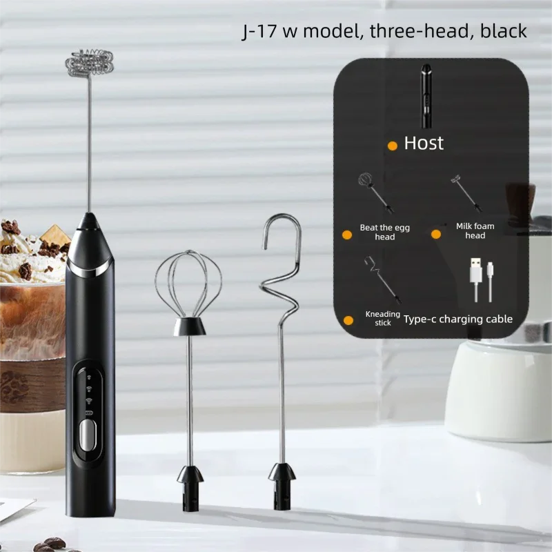 Rechargeable 3-in-1 Handheld Milk Frother Set - Electric Whisk with Egg Beater & Mixing Hook - 3 Speed Adjustable Foam Maker for Coffee, Lattes, Baking & Baby Food (Black)