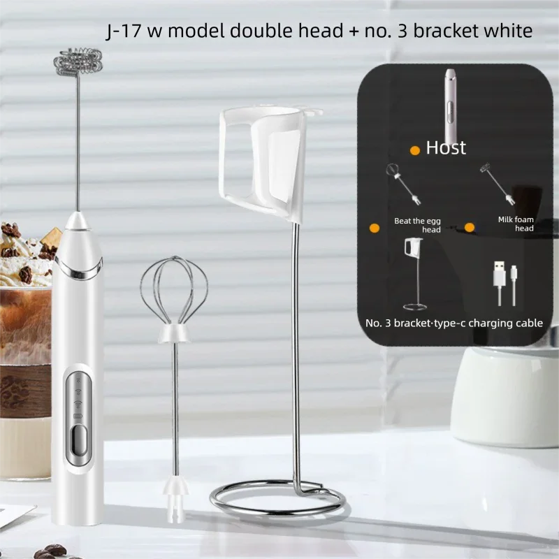 Rechargeable Electric Milk Frother with Metal Stand - Handheld Foam Maker & Egg Beater Set - 3 Speed Mixer with 2 Stainless Steel Whisks for Flat Whites, Lattes & Baking (White)