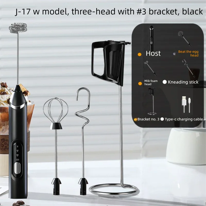Rechargeable 3-in-1 Milk Frother Set with Metal Stand - Handheld Electric Whisk, Egg Beater & Mixing Hook - 3 Speed Foam Maker for Coffee, Lattes & Baking (Black)