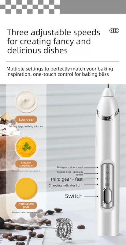 Rechargeable 3-in-1 Milk Frother Set with Metal Stand - Handheld Electric Whisk, Egg Beater & Mixing Hook - 3 Speed Foam Maker for Coffee, Lattes & Baking (White)