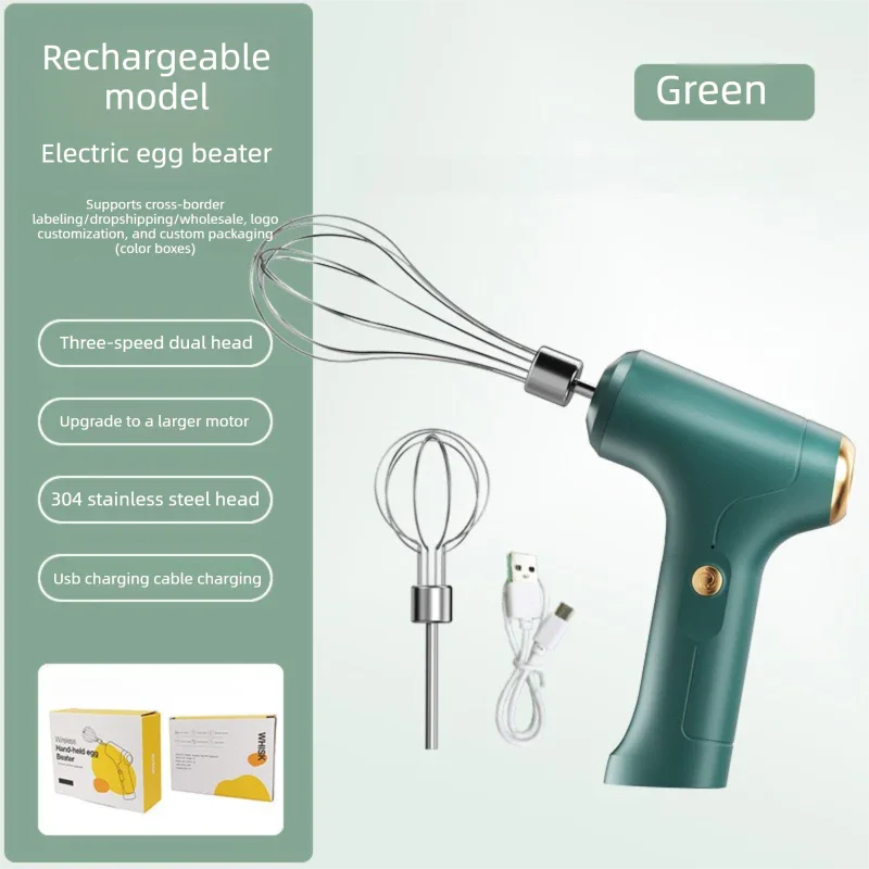 Cordless Electric Hand Mixer - Rechargeable 3-Speed Egg Beater & Cream Whisk - Lightweight Self-Standing Design for Baking, Cake & Batter (Emerald Green)
