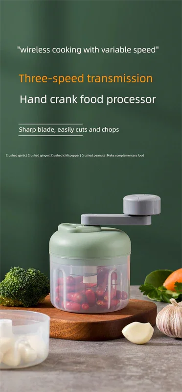 Manual Garlic Chopper & Food Processor 250ml Portable 3-Speed Hand-Crank Mincer – Green Large Capacity Edition
